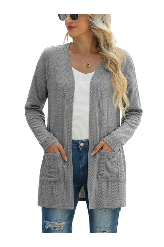 Women's Cardigan Slim Fit Ribbed Cardigan Knitted Sweater with Pockets Dark grey L