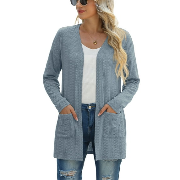 JWD Women's Cardigan Slim Fit Ribbed Cardigan Knitted Sweater with Pockets Grey blue S