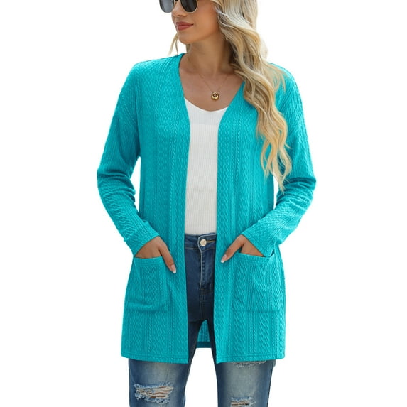 JWD Women's Cardigan Slim Fit Ribbed Cardigan Knitted Sweater with Pockets Lake Blue S