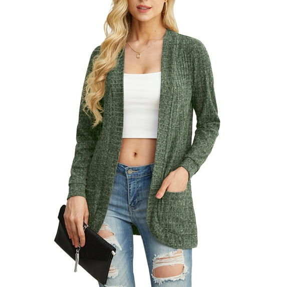 JWD Women's Cardigan Soft and Comfortable Pocket Top Fan-Shaped Hem Knitted Sweater Long Sleeved Coat Army Green XL