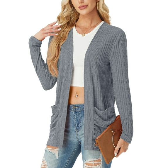 JWD Women's Cardigan Woolen Sweater Soft Comfortable Casual Lightweight With Pockets Dark Gray XL