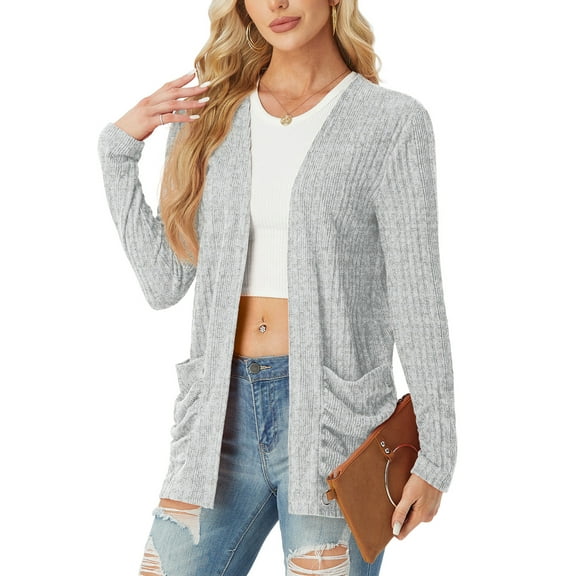 JWD Women's Cardigan Woolen Sweater Soft Comfortable Casual Lightweight With Pockets Light Gray L