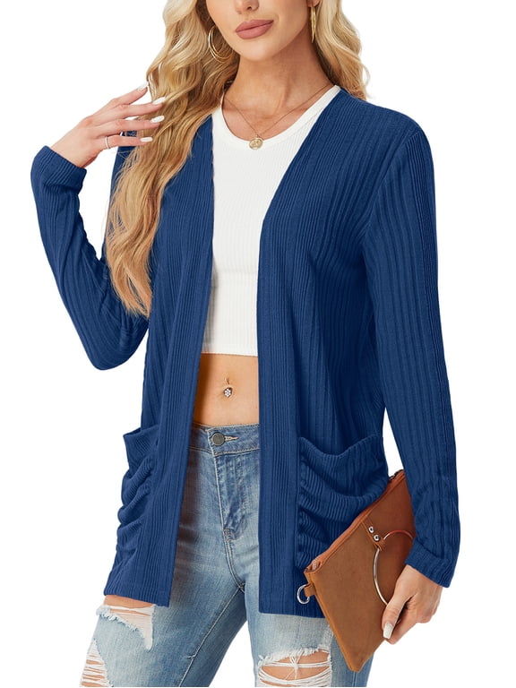 Women's Cardigan Woolen Sweater Soft Comfortable Casual Lightweight With Pockets Navy Blue L