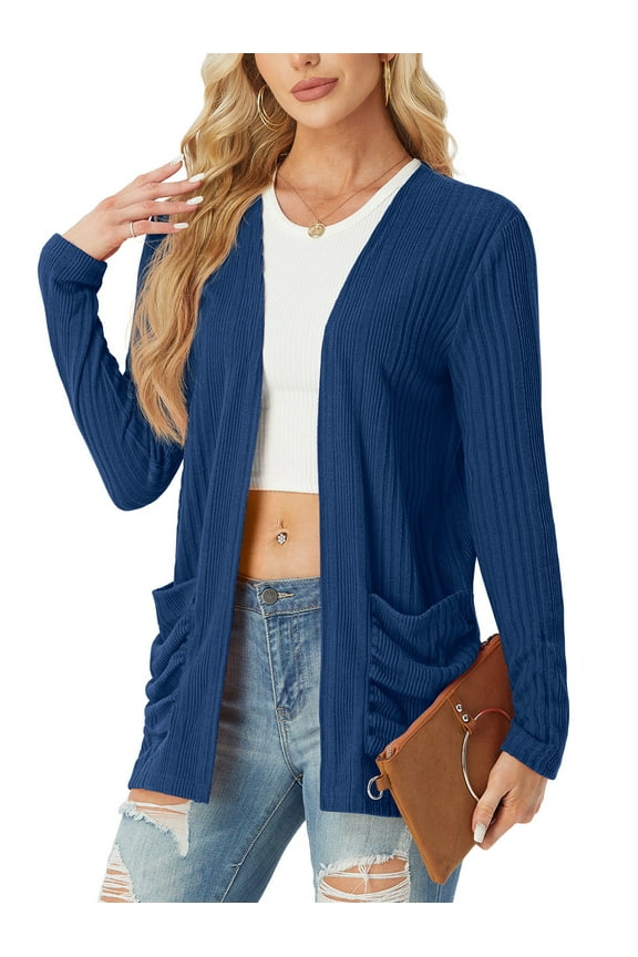 Women's Cardigan Woolen Sweater Soft Comfortable Casual Lightweight With Pockets Navy Blue L