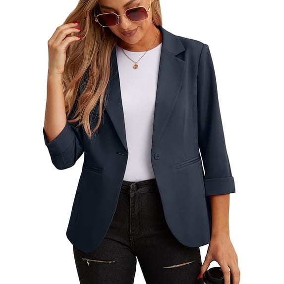 JWD Women's Casual 3/4 Ruched Sleeve Blazer - Slim Fit Open Front Notched Lapel Work Office Suit Jacket with Pockets Blue Gray 6