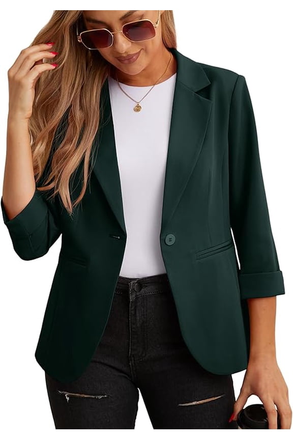 Women's Casual 3/4 Ruched Sleeve Blazer - Slim Fit Open Front Notched Lapel Work Office Suit Jacket with Pockets Dark Green 10