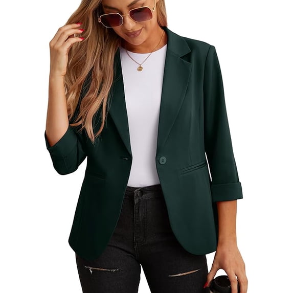JWD Women's Casual 3/4 Ruched Sleeve Blazer - Slim Fit Open Front Notched Lapel Work Office Suit Jacket with Pockets Dark Green 8