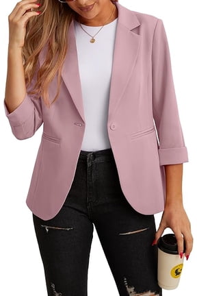 Women's Casual 3/4 Ruched Sleeve Blazer - Slim Fit Open Front Notched Lapel Work Office Suit Jacket with Pockets Pink 12
