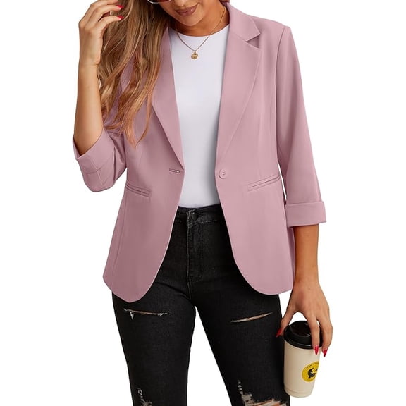 JWD Women's Casual 3/4 Ruched Sleeve Blazer - Slim Fit Open Front Notched Lapel Work Office Suit Jacket with Pockets Pink 12