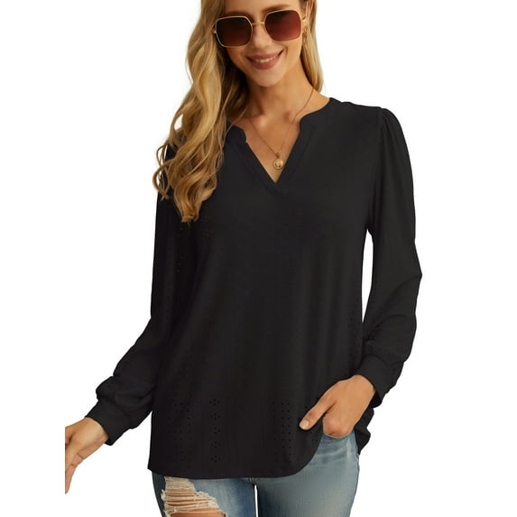 JWD Women's Casual V-neck Shirt Office Long Sleeve Bubble Cuff Four Seasons Top Black XX-Large
