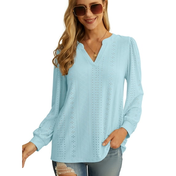 JWD Women's Casual V-neck Shirt Office Long Sleeve Bubble Cuff Four Seasons Top Light Blue Large