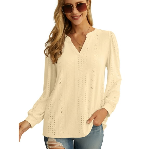 JWD Women's Casual V-neck Shirt Office Long Sleeve Bubble Cuff Four Seasons Top Light Yellow XX-Large