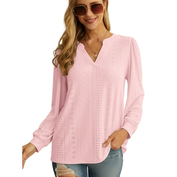 JWD Women's Casual V-neck Shirt Office Long Sleeve Bubble Cuff Four Seasons Top Pink Large