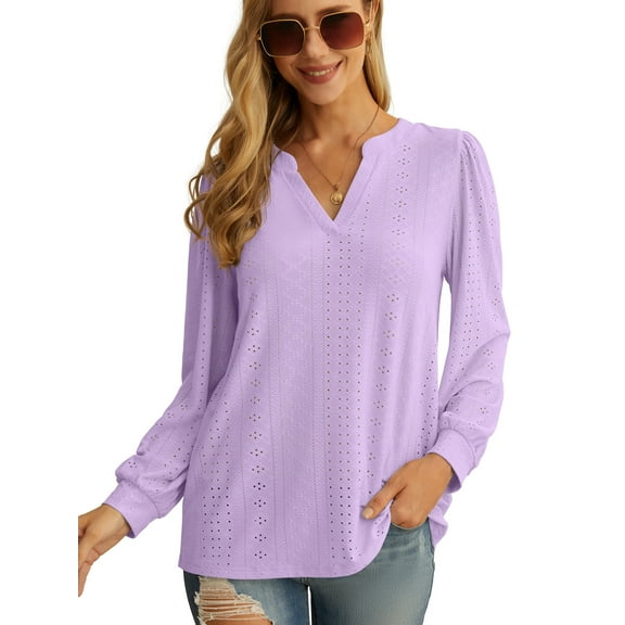 JWD Women's Casual V-neck Shirt Office Long Sleeve Bubble Cuff Four Seasons Top Purple X-Large