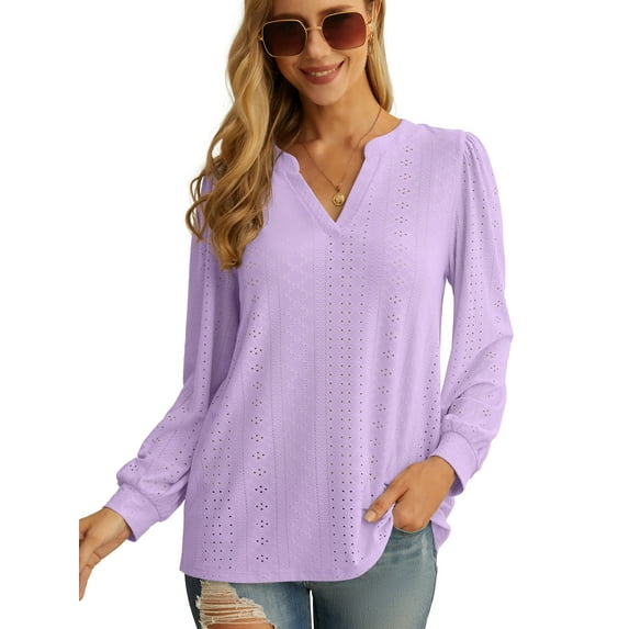 JWD Women's Casual V-neck Shirt Office Long Sleeve Bubble Cuff Four Seasons Top Purple XX-Large