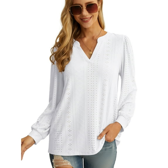 JWD Women's Casual V-neck Shirt Office Long Sleeve Bubble Cuff Four Seasons Top White X-Large