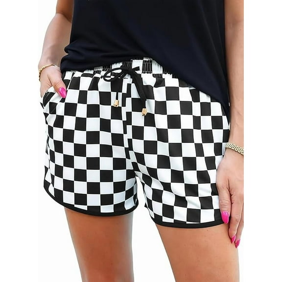 JWD Women's Checkered Shorts Elastic Waist with Drawstring Plaid Short Pants Beach Summer with Pockets Black White Plaid L