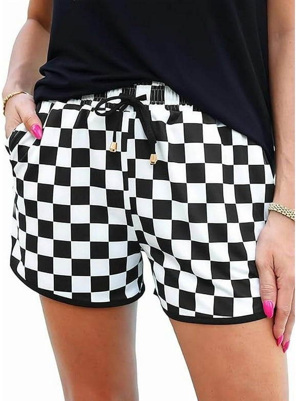 Women's Checkered Shorts Elastic Waist with Drawstring Plaid Short Pants Beach Summer with Pockets Black White Plaid L