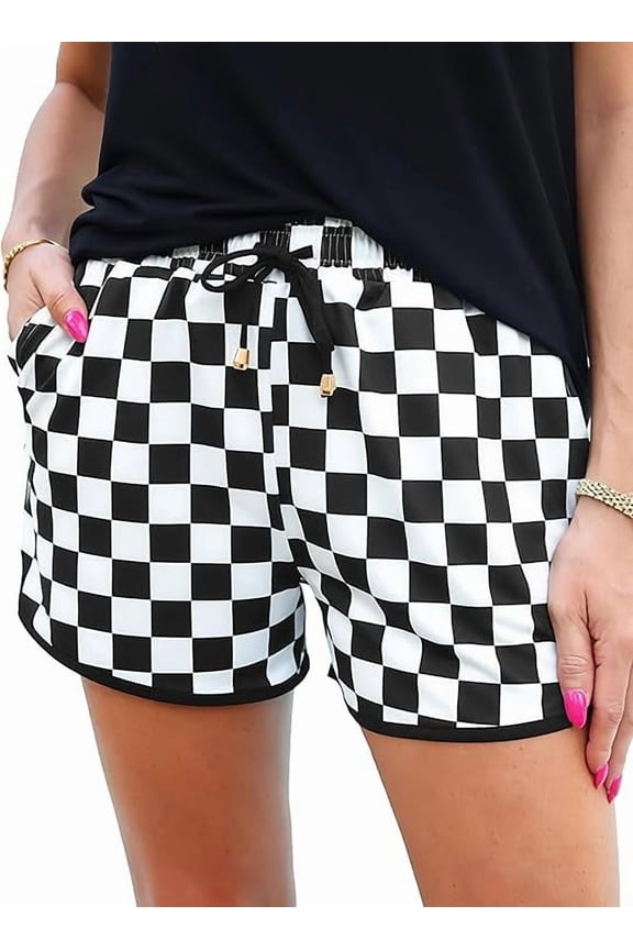 Women's Checkered Shorts Elastic Waist with Drawstring Plaid Short Pants Beach Summer with Pockets Black White Plaid L