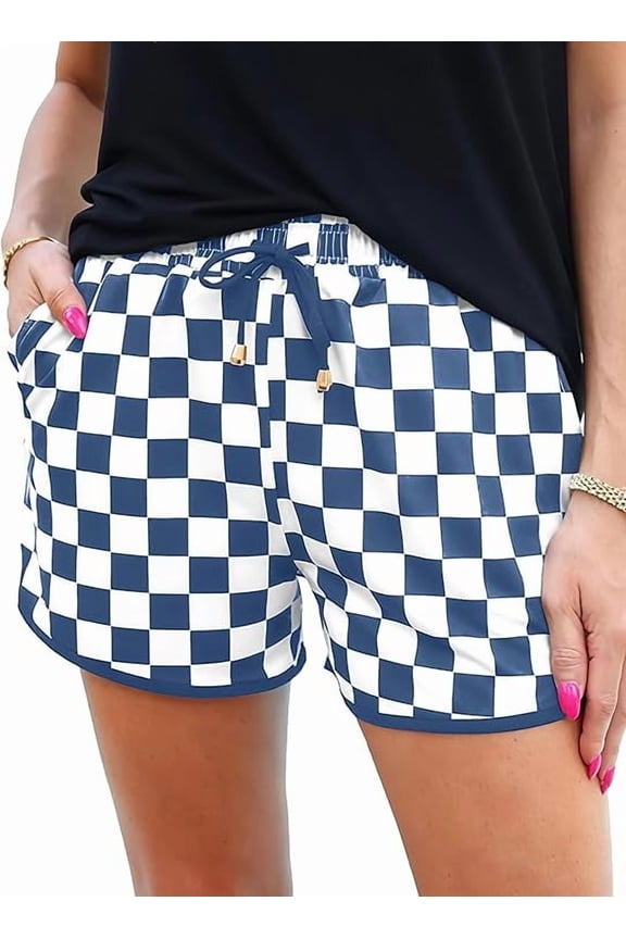 Women's Checkered Shorts Elastic Waist with Drawstring Plaid Short Pants Beach Summer with Pockets Navy Blue White L