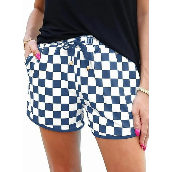 JWD Women's Checkered Shorts Elastic Waist with Drawstring Plaid Short Pants Beach Summer with Pockets Navy Blue White L