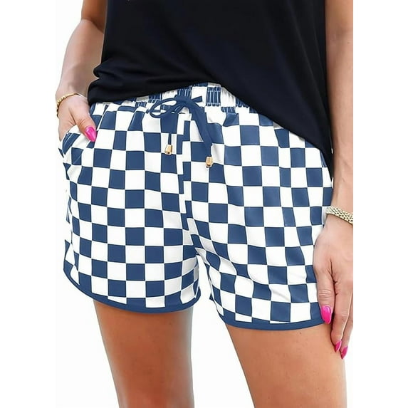 JWD Women's Checkered Shorts Elastic Waist with Drawstring Plaid Short Pants Beach Summer with Pockets Navy Blue White XL