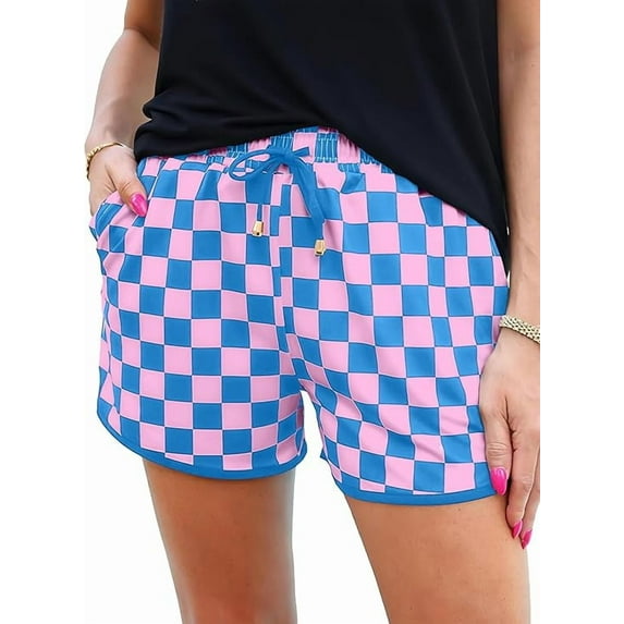 JWD Women's Checkered Shorts Elastic Waist with Drawstring Plaid Short Pants Beach Summer with Pockets Pink Blue Plaid S