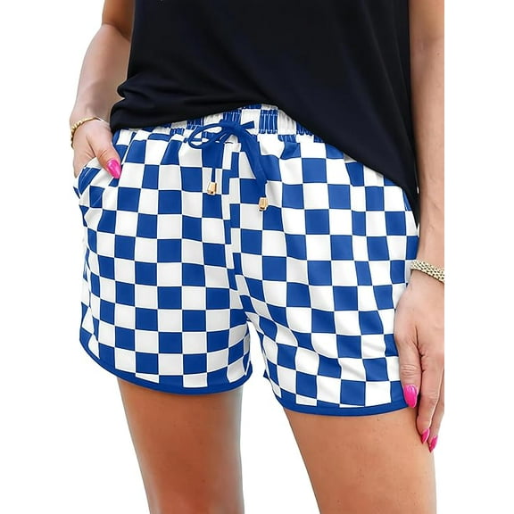 JWD Women's Checkered Shorts Elastic Waist with Drawstring Plaid Short Pants Beach Summer with Pockets Royal Blue White L