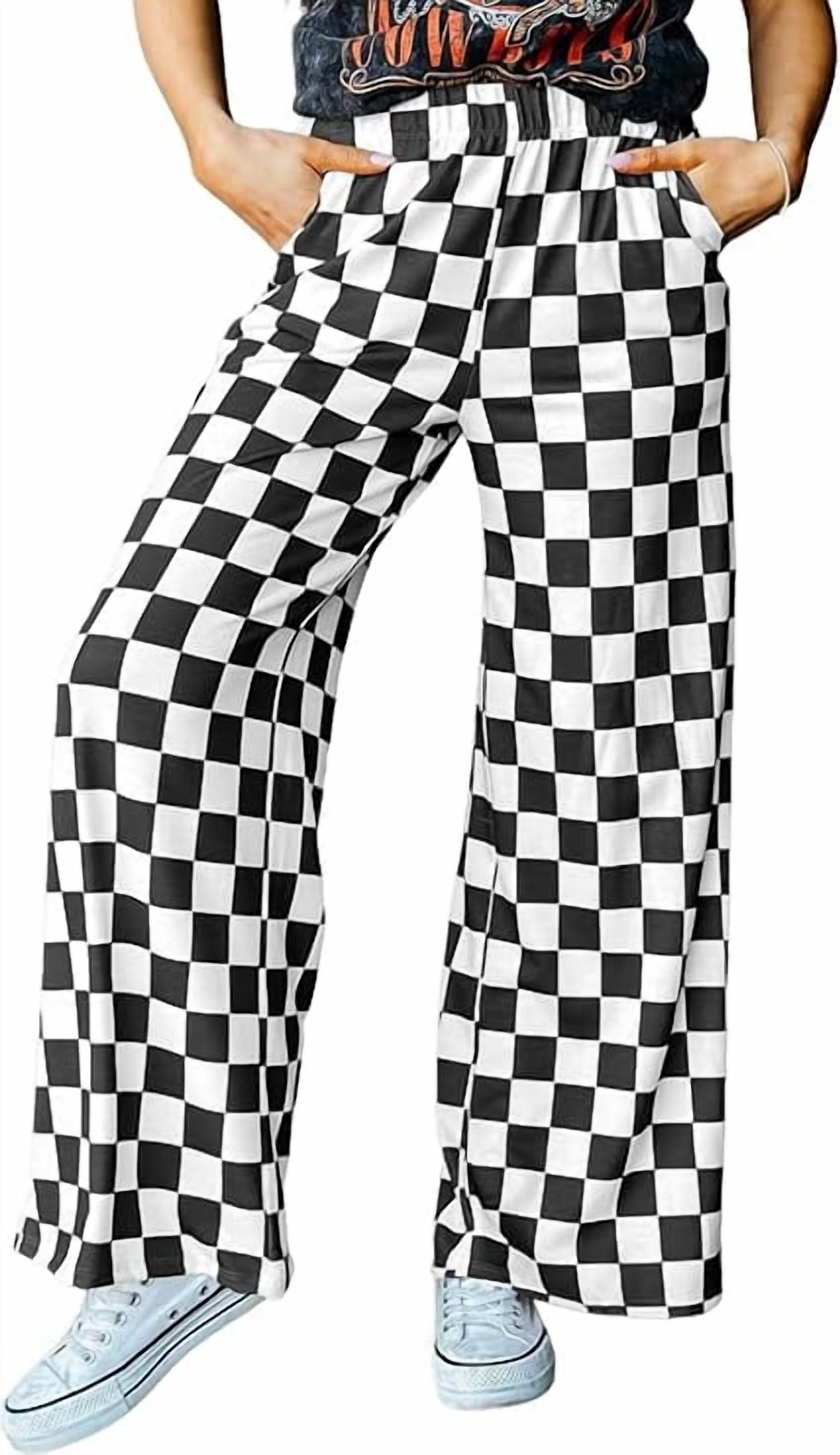 Women's Checkered Wide Leg Pants Casual Elastic Waist Comfy Loose Fit Trousers with Pockets Black White Plaid L