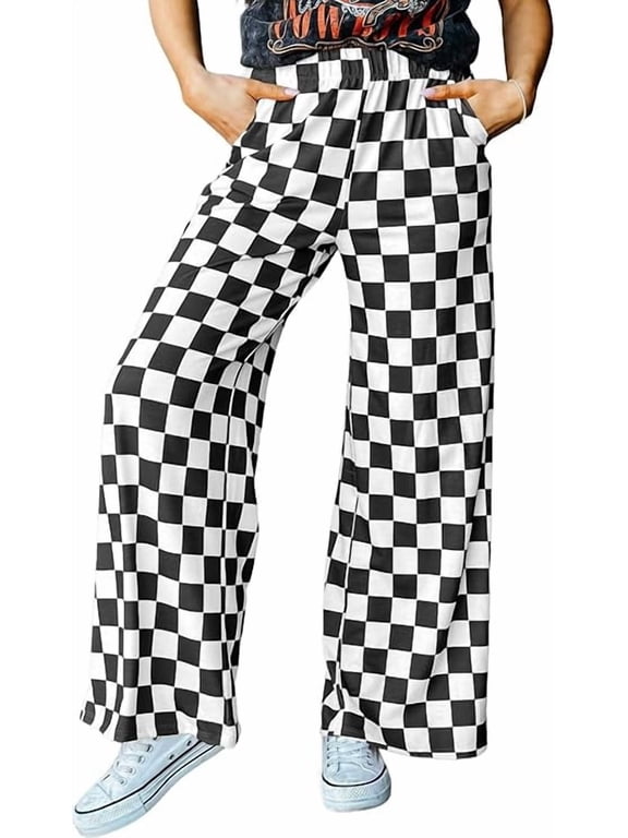 Women's Checkered Wide Leg Pants Casual Elastic Waist Comfy Loose Fit Trousers with Pockets Black White Plaid L