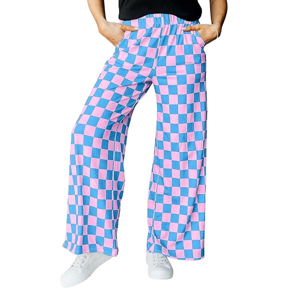 JWD Women's Checkered Wide Leg Pants Casual Elastic Waist Comfy Loose Fit Trousers with Pockets Pink Blue Plaid L