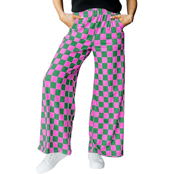 JWD Women's Checkered Wide Leg Pants Casual Elastic Waist Comfy Loose Fit Trousers with Pockets Pink Green Plaid S
