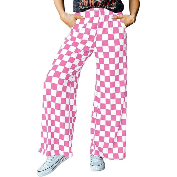 JWD Women's Checkered Wide Leg Pants Casual Elastic Waist Comfy Loose Fit Trousers with Pockets Pink White Plaid L