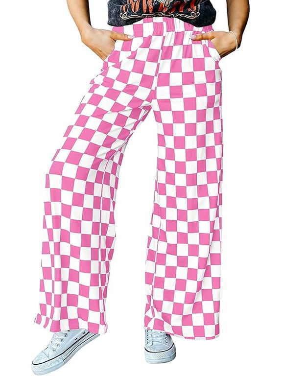 Women's Checkered Wide Leg Pants Casual Elastic Waist Comfy Loose Fit Trousers with Pockets Pink White Plaid L