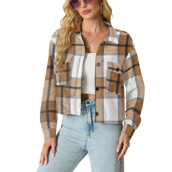 JWD Women's Cropping Jacket Casual Button Shacket Plaid Long Sleeve Blouses Top with Pocket Brown BlaPJk Pane M