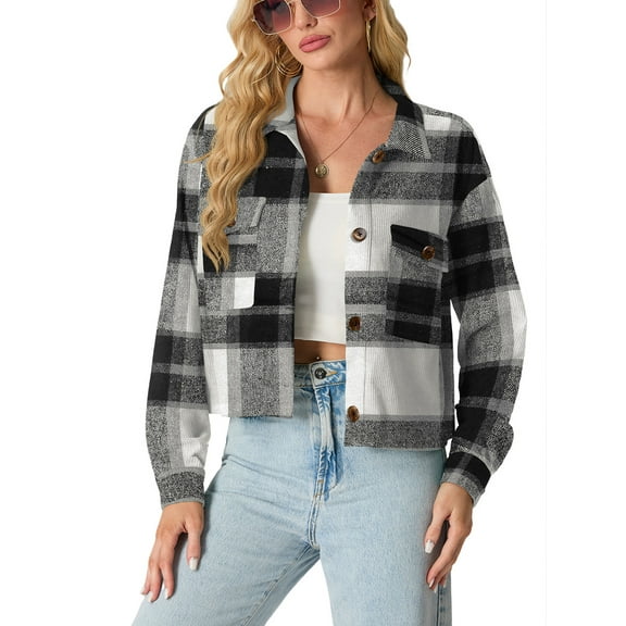 JWD Women's Cropping Jacket Casual Button Shacket Plaid Long Sleeve Blouses Top with Pocket Gray BlaPJk Pane 2XL