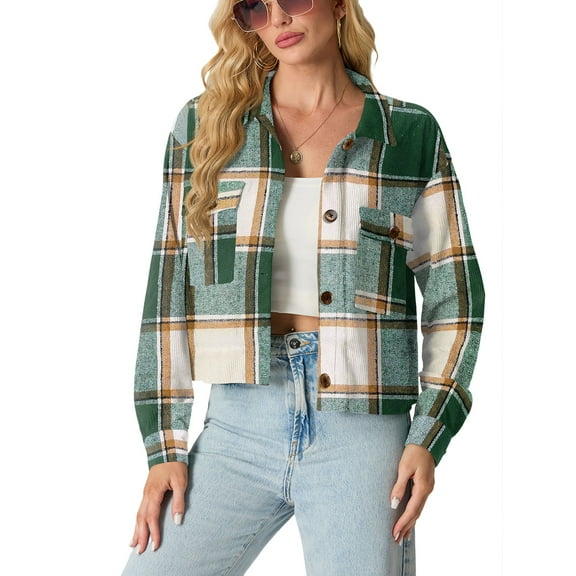 JWD Women's Cropping Jacket Casual Button Shacket Plaid Long Sleeve Blouses Top with Pocket Green Orange Pane 2XL