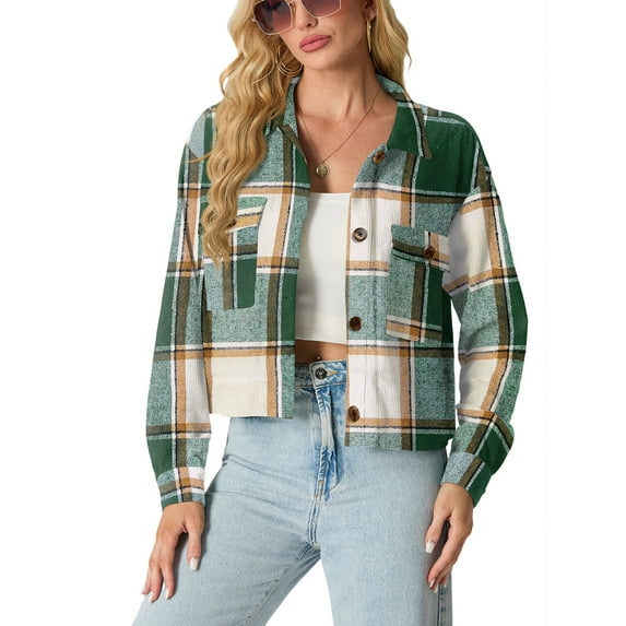 JWD Women's Cropping Jacket Casual Button Shacket Plaid Long Sleeve Blouses Top with Pocket Green Orange Pane L