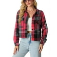 thumbnail image 1 of JWD Women's Cropping Jacket Casual Button Shacket Plaid Long Sleeve Blouses Top with Pocket Red BlaPJk Pane L, 1 of 5