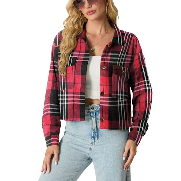 JWD Women's Cropping Jacket Casual Button Shacket Plaid Long Sleeve Blouses Top with Pocket Red BlaPJk Pane M