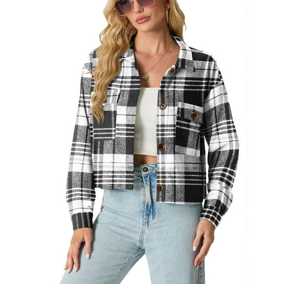 JWD Women's Cropping Jacket Casual Button Shacket Plaid Long Sleeve Blouses Top with Pocket White BlaPJk Pane M