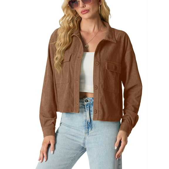 JWD Women's Cropping Jacket Casual Button Shacket Solid Color Long Sleeve Blouses Top with Pocket Brown M