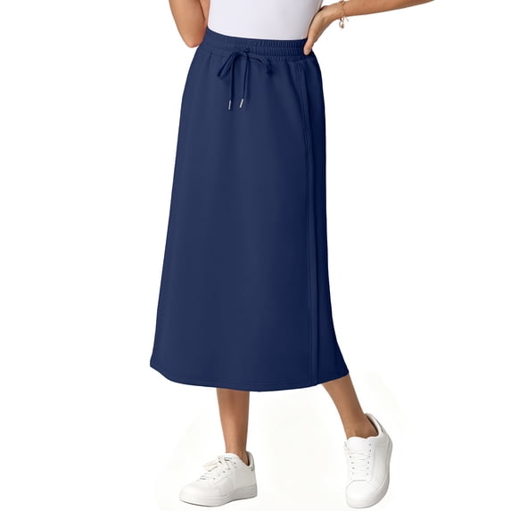 JWD Women's Elastic High Waist Maxi Skirt - Back Slit Flowy Wrap Skirt with Pockets for Casual Work Navy Blue 2XL