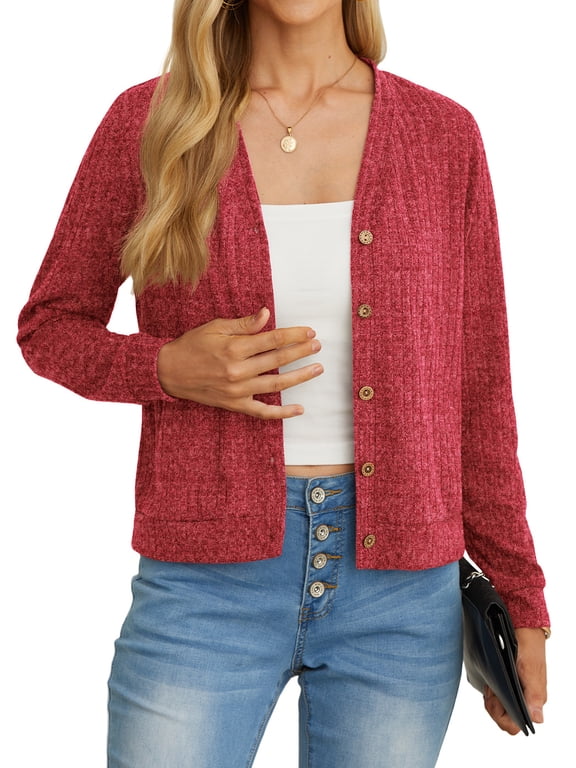 Women's Fashionable Cropped Lightweight Long Sleeve Button Front Open Rib Knitted Pocket Casual Open Fleece Sweater