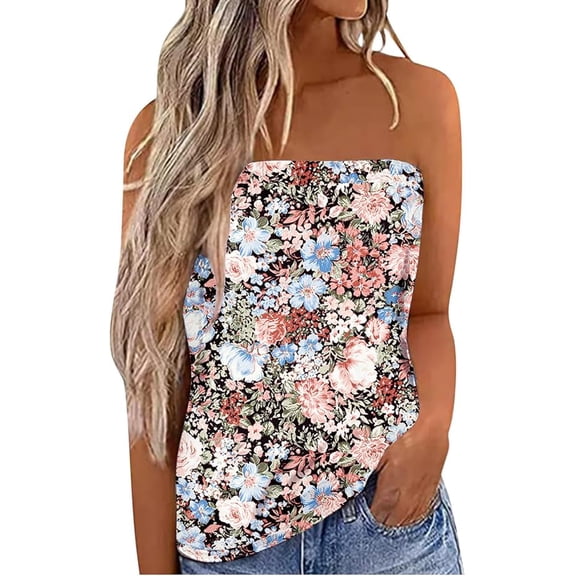 JWD Women's Floral Tube Tops Casual Summer Backless Strapless Top Sleeveless Bandeau Tanks Shirt Black Color Flower M