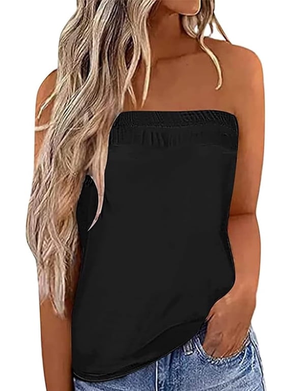 Women's Floral Tube Tops Casual Summer Backless Strapless Top Sleeveless Bandeau Tanks Shirt Black L
