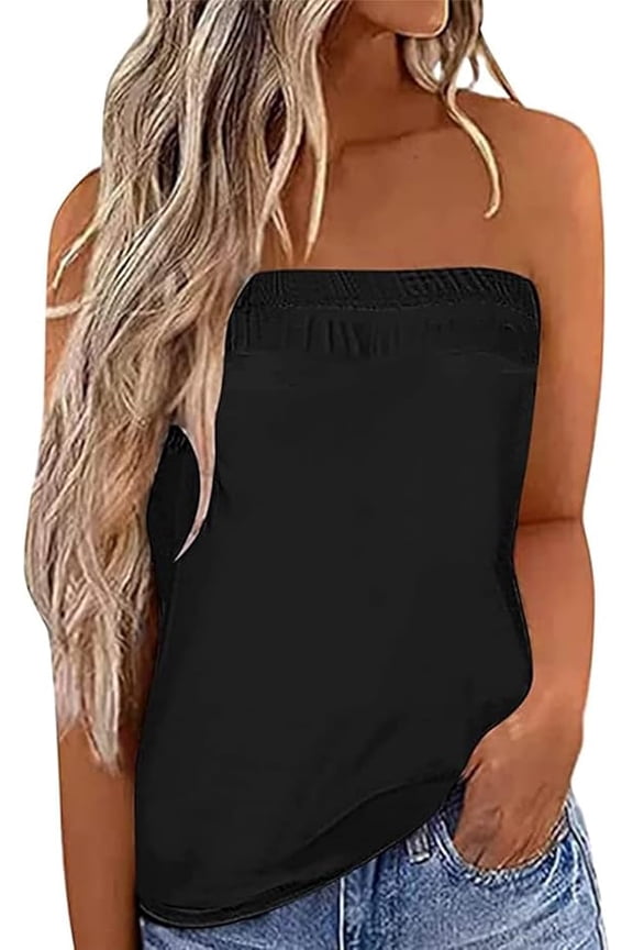 Women's Floral Tube Tops Casual Summer Backless Strapless Top Sleeveless Bandeau Tanks Shirt Black L