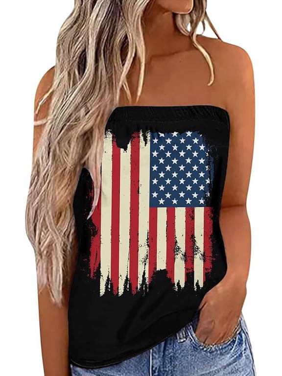 Women's Floral Tube Tops Casual Summer Backless Strapless Top Sleeveless Bandeau Tanks Shirt Black Retro Flag L