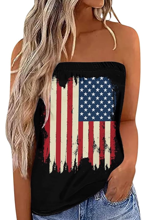 Women's Floral Tube Tops Casual Summer Backless Strapless Top Sleeveless Bandeau Tanks Shirt Black Retro Flag L