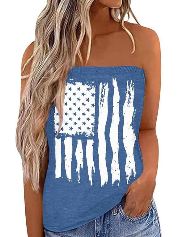 Women's Floral Tube Tops Casual Summer Backless Strapless Top Sleeveless Bandeau Tanks Shirt Blue White Flag L